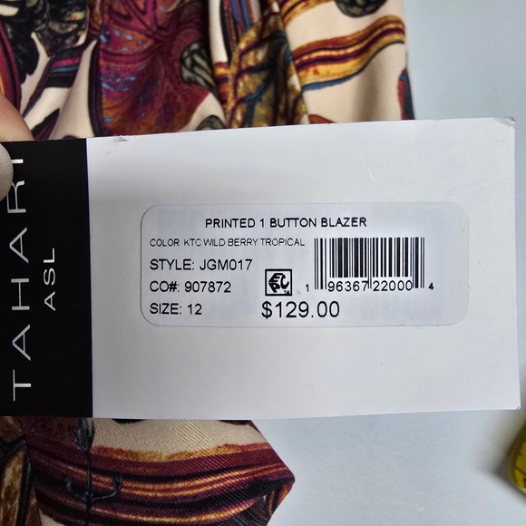 Tahari ASL Printed 1 Button Blazer Womens 12 Wild Berry Tropical Floral Office - Picture 5 of 15
